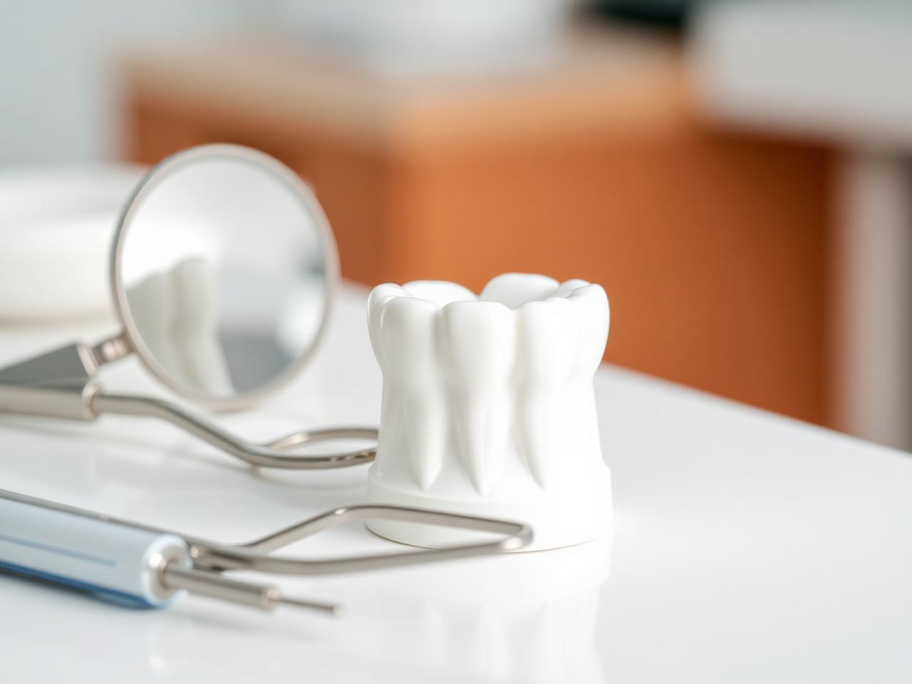 Dental mirror, scaler and tooth model used during root canal treatment